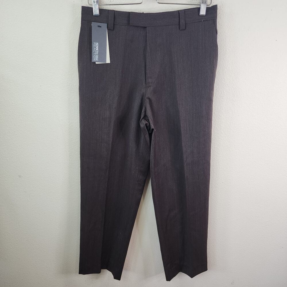 Kenneth Cole Reaction Wool Stop Blend Brown 32x28 Dress Pants Flat Front New